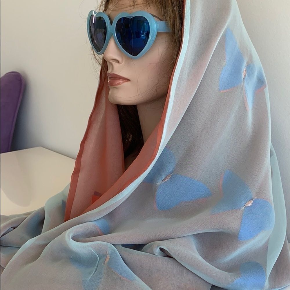 Reversible blue/coral brick butterfly very sheer silk chiffon scarf 22" x 66"